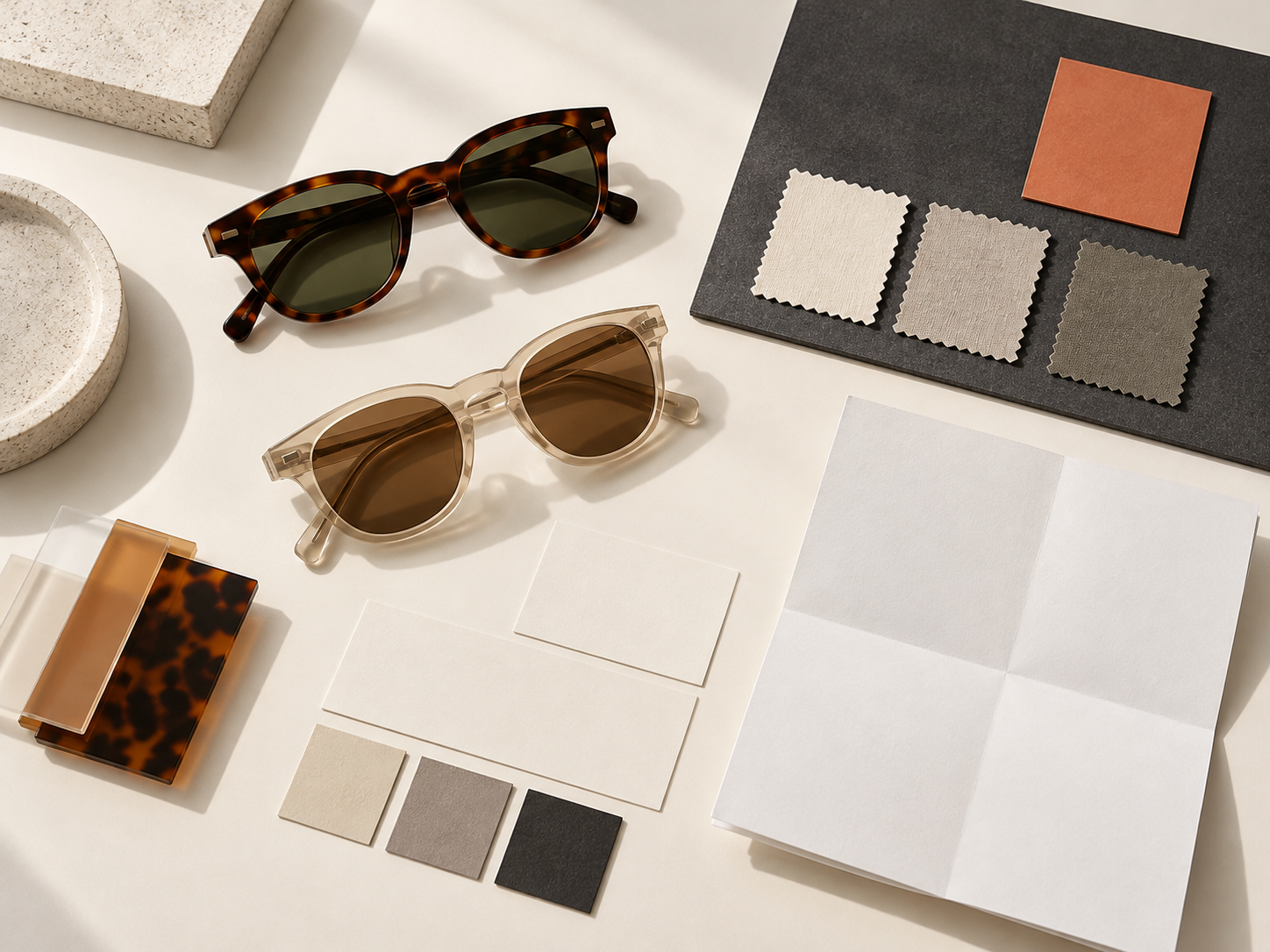 AI-generated concept of unbranded sunglasses, color swatches, and blank project papers on a table.