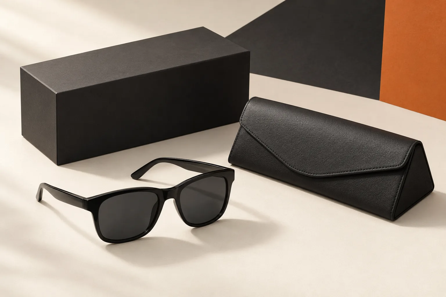 AI-generated plain eyewear case and box beside unbranded sunglasses
