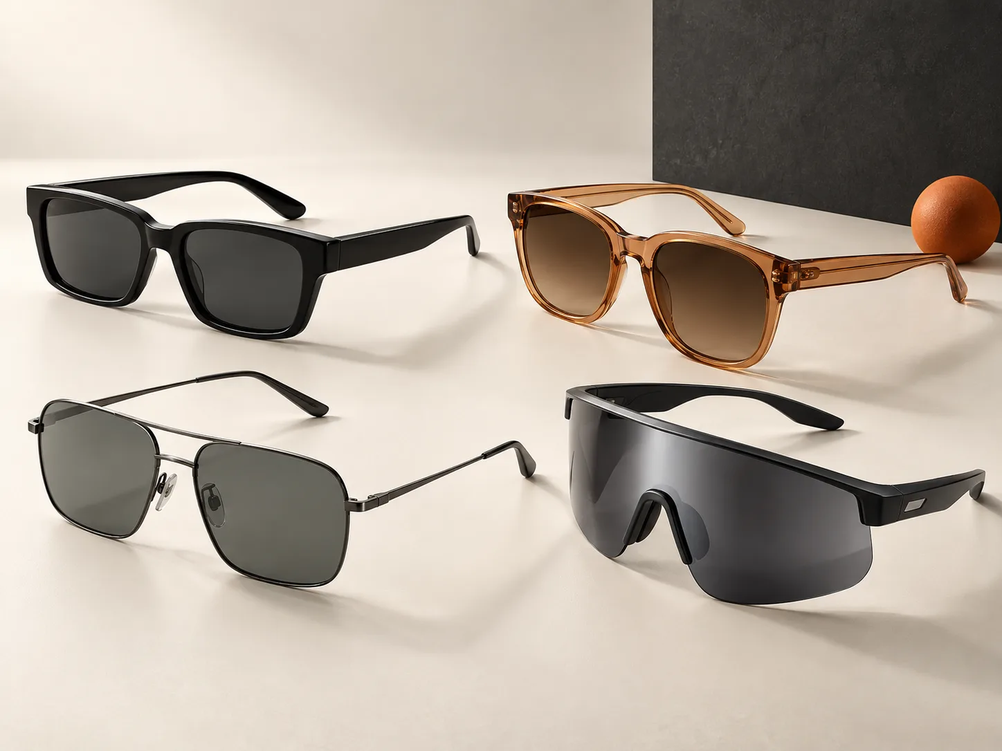 AI-generated arrangement of four unbranded sunglasses concepts on a warm studio surface
