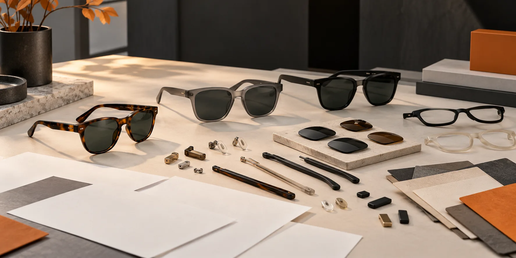 AI-generated eyewear design review tabletop with frame concepts and blank papers